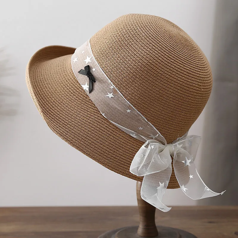 Women Straw Sun Hat Wide Brim Summer Beach Breathable Bow Ribbon Star Pattern Elegant Travel