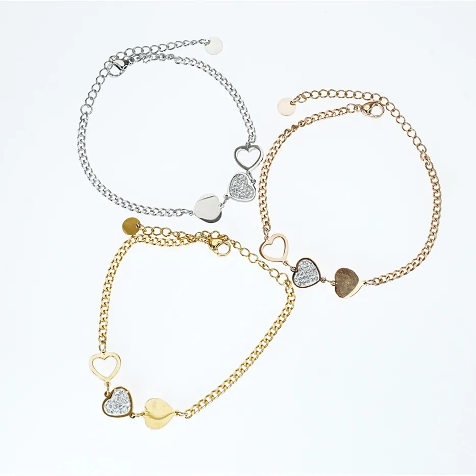 Minimalist Stainless Steel Heart Charm Bracelet For Women Rhinestone Inlaid Adjustable Chain Fashion Jewelry Gift