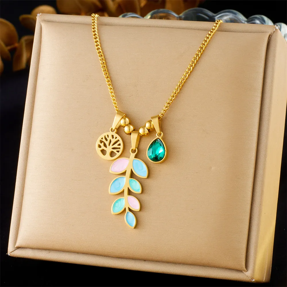 Collier En Acier Inoxydable Plaqué Or Avec Pendentifs Arbre De Vie Feuille Émaillée Colorée Et Goutte Verte Pour Femmes
