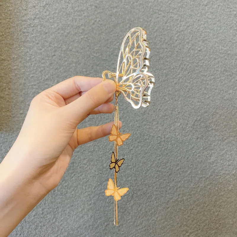 Alloy Metal Butterfly Square Hair Claw Clips With Long Tassel Beads Pendant Hollow Out Shark Clips For Women Elegant