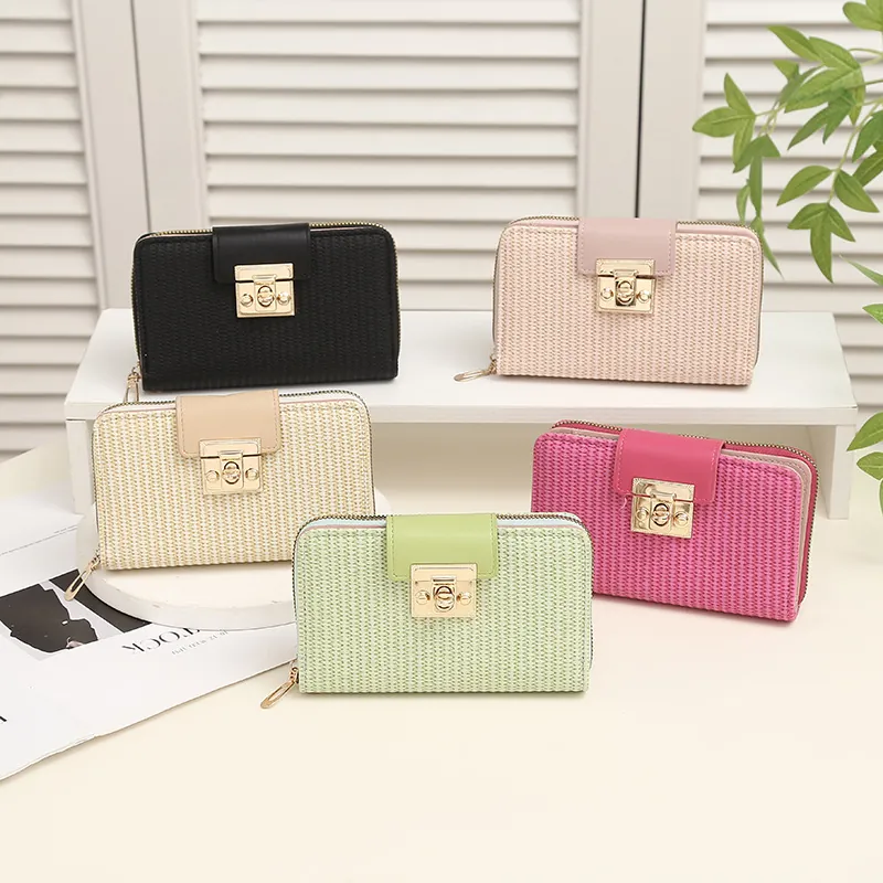 Portefeuille Long Pour Femmes Cuir PU Texture Tissée Pochette Élégante Avec Fermoir Métallique Doré