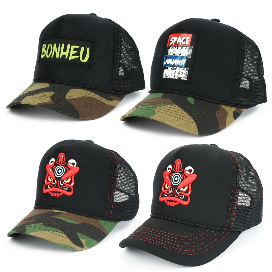 Trucker Hat Mesh Breathable Adjustable Snapback Lion Embroidery Camo Brim Streetwear Fashion Baseball Cap For Men Women