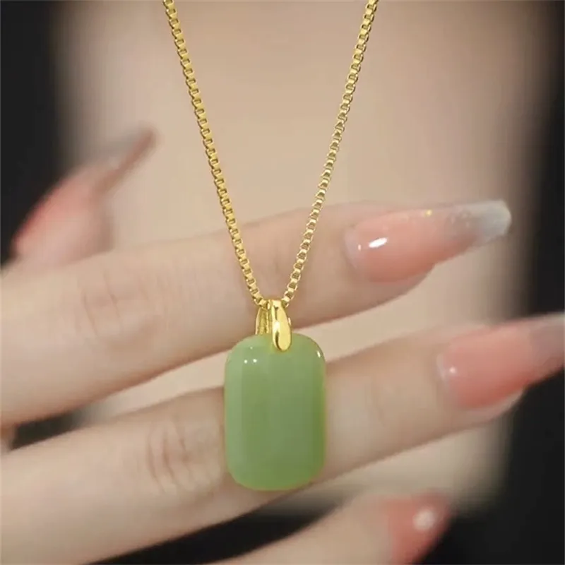 Emerald Green Rectangle Pendant Necklace Titanium Steel Gold Plated Crystal Charm Box Chain Jewelry For Women Elegant