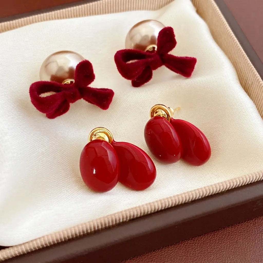 Vintage Rote Samtschleife Künstliche Perlenohrringe Mit Silberstecker Eleganter Zirkonia Flocking Schmuck Accessoire Für Damen