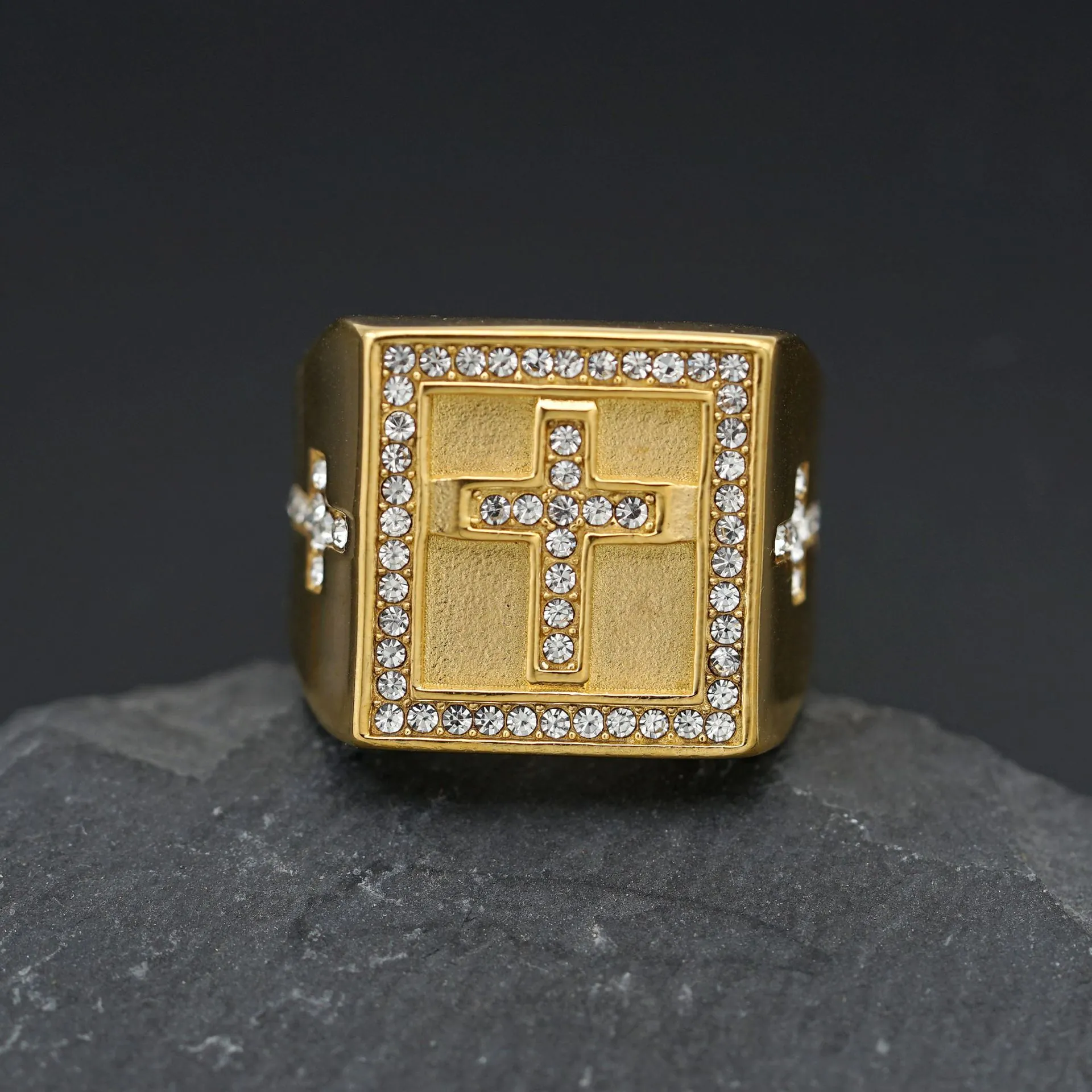 Men Hip Hop Stainless Steel Square Signet Ring With Iced Out Cross Rhinestones Punk Religious Jewelry Gold Color