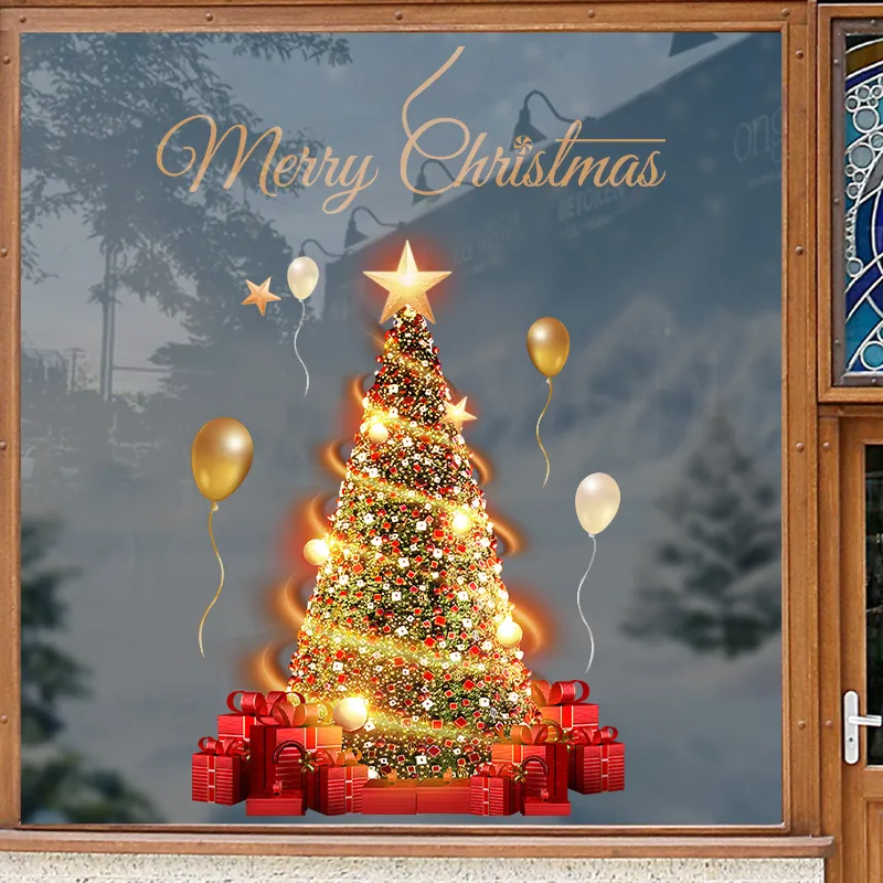 Weihnachten Fensteraufkleber Statisch Haftend PVC Rückstandslos Doppelseitig Gold Baum Geschenk Dekoration
