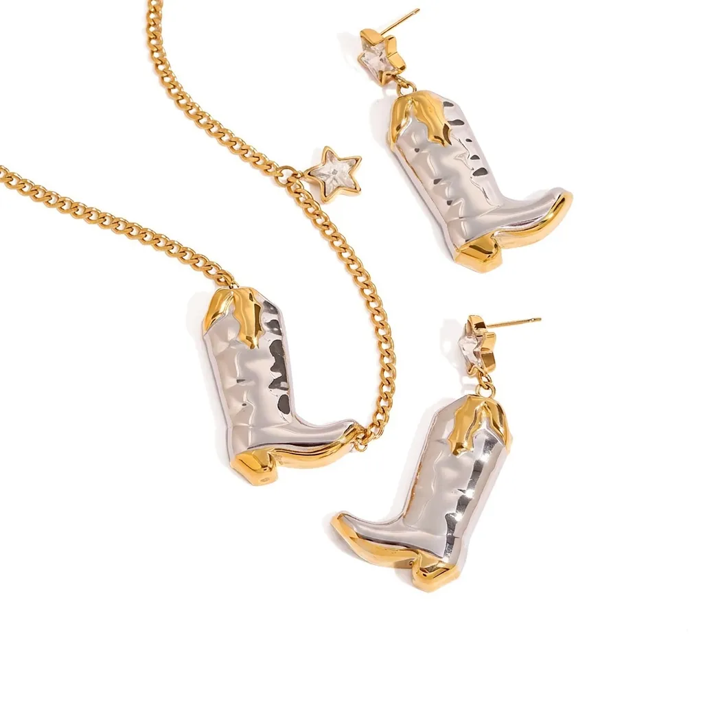 Bijoux Collier Boucles D'oreilles Botte Cowboy Acier Inoxydable Plaqué Or 18K Bicolore Étoile Strass Femmes