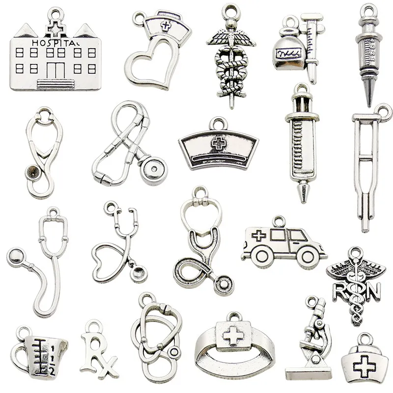 Medical Theme Charms Antique Silver Zinc Alloy Stethoscope Syringe Nurse Hat For DIY Necklace Bracelet Making Craft