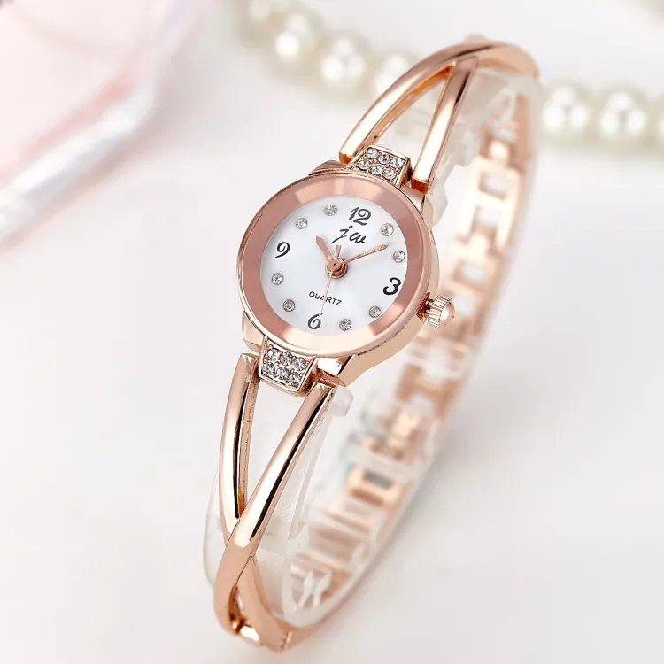 Women Bracelet Watch Rhinestone Inlaid Metal Bangle Quartz Wristwatch Elegant Fashion Jewelry Style For Ladies