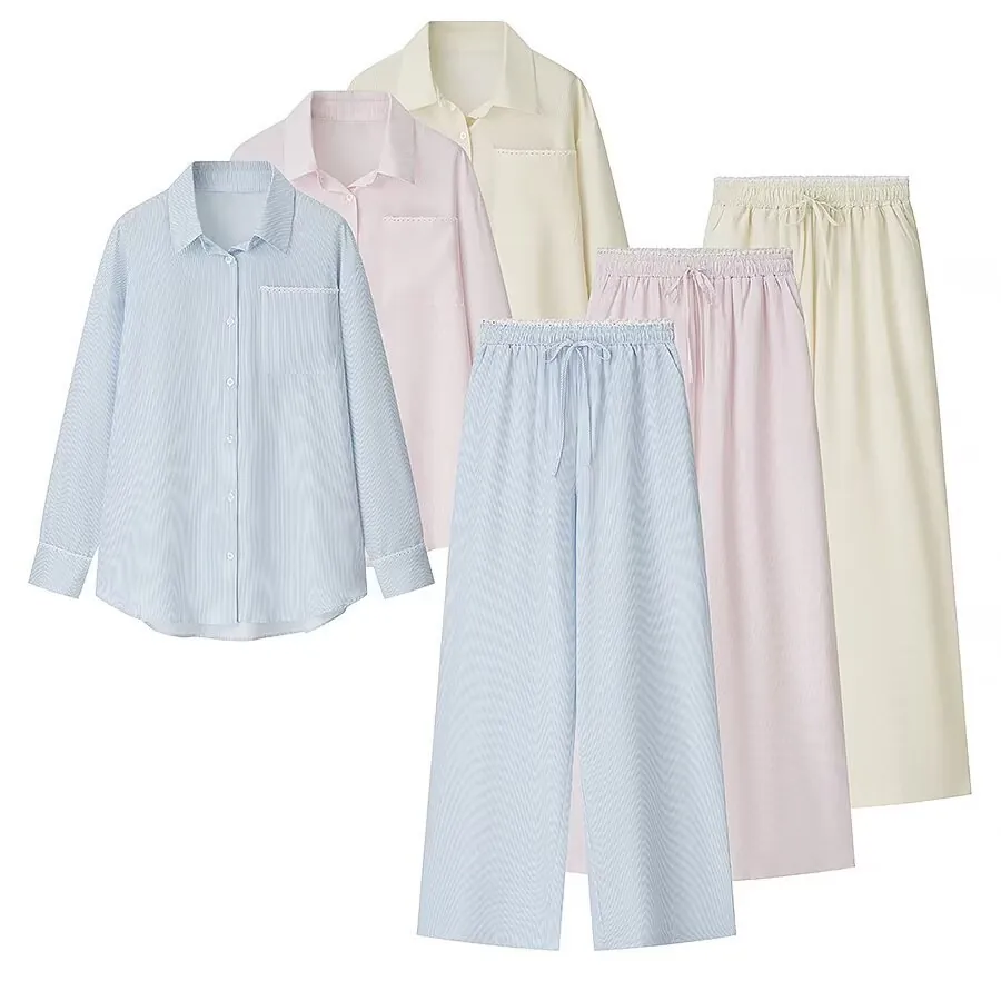Women Pajama Long Sleeve Lapel Button Down Shirt And Elastic Waist Long Pants Striped Lace Trim Loungewear Sleepwear