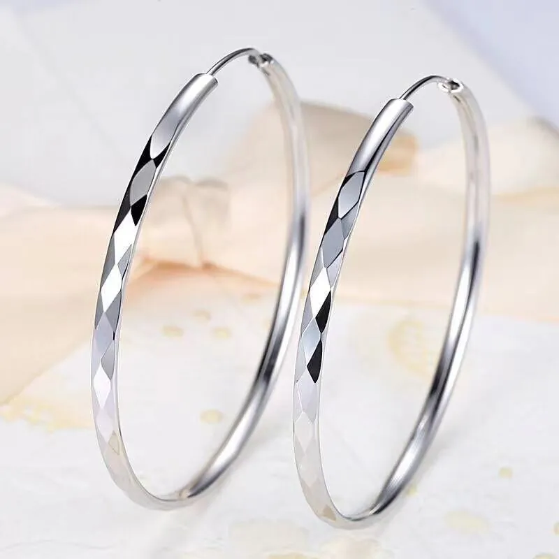 Fashion 925 Sterling Silver Earring Post Copper Hoop Earrings For Women Diamond Cut Faceted Big Circle Earrings Jewelry
