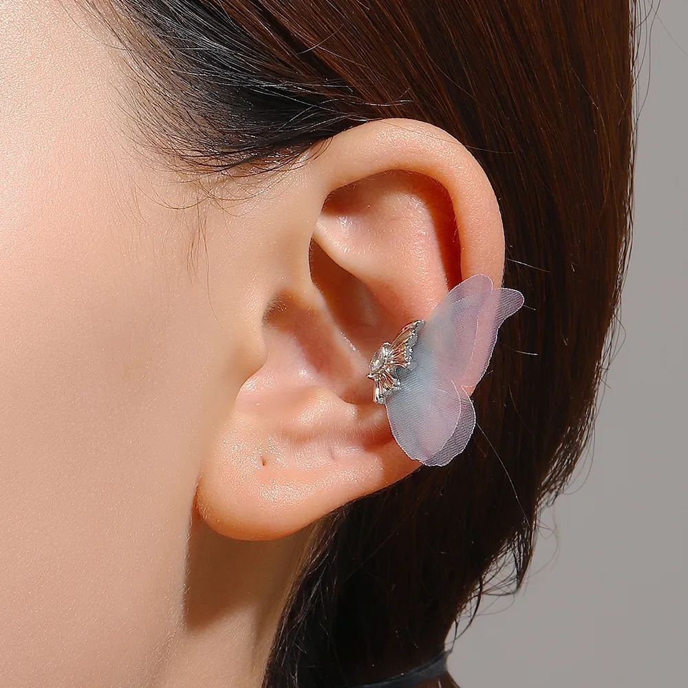 Fairy Forest Style Butterfly Ear Cuff Alloy Rhinestone Gradient Gauze Wings Ear Clip Non Piercing Tassel Earrings For Women Jewelry