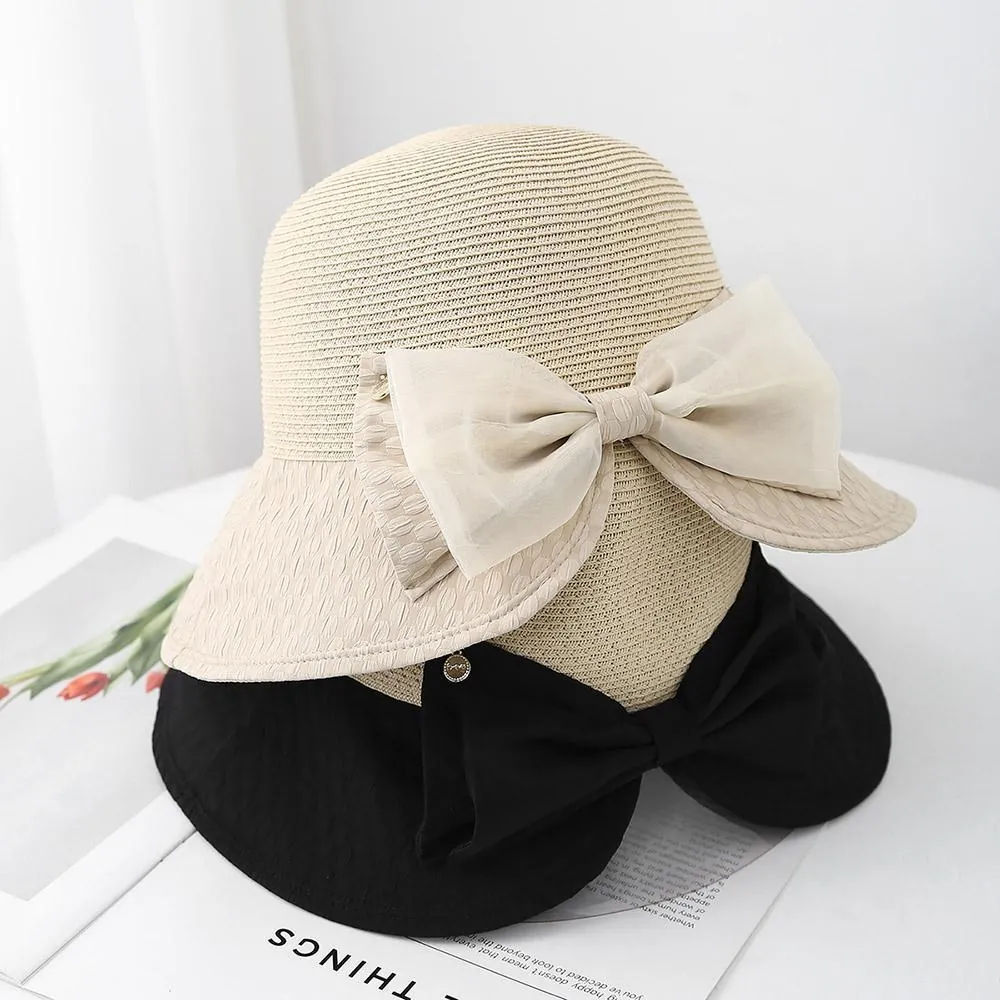 Women Straw Bucket Hat Wide Brim Sun Protection Foldable Double Bow Elegant Summer Beach Fisherman Hat