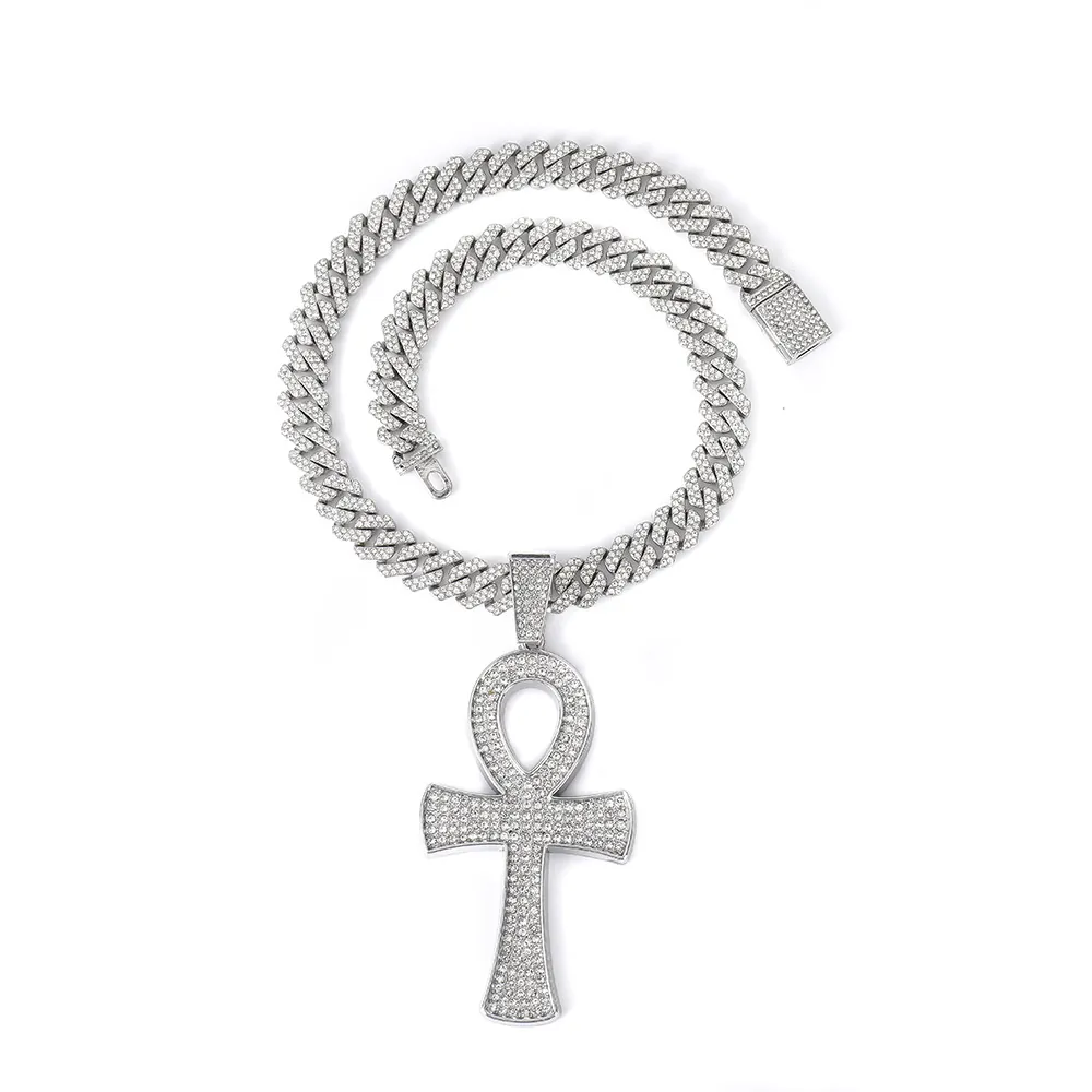 Collier Pendentif Croix Ankh Alliage Strass Iced Out Chaîne Cubaine Bijoux Hip Hop Pour Hommes Femmes