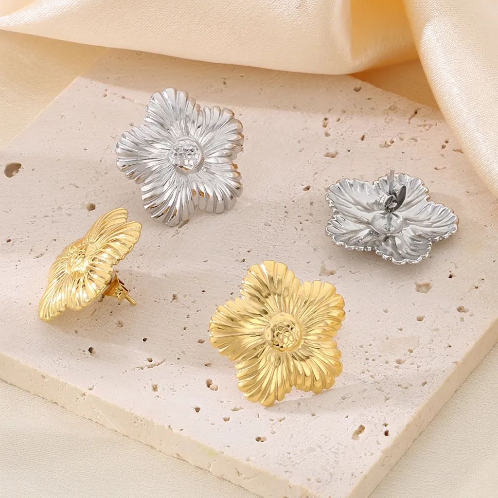 Orecchini A Lobo Fiore Acciaio Inossidabile Forma Girasole Petali Texturizzati Gioielli Eleganti Da Donna