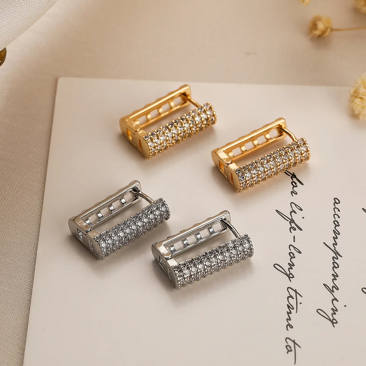 Geometric Rectangular Hoop Earrings Gold Plated Copper Cubic Zirconia Dainty Minimalist Ins Style For Women Elegant Hollow