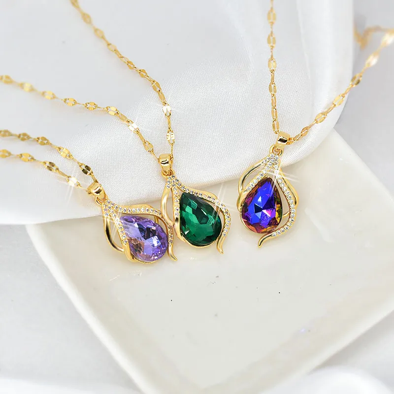 Teardrop Pendant Necklace Titanium Steel Gold Plated Minimalist Elegant Cubic Zirconia Jewelry For Women