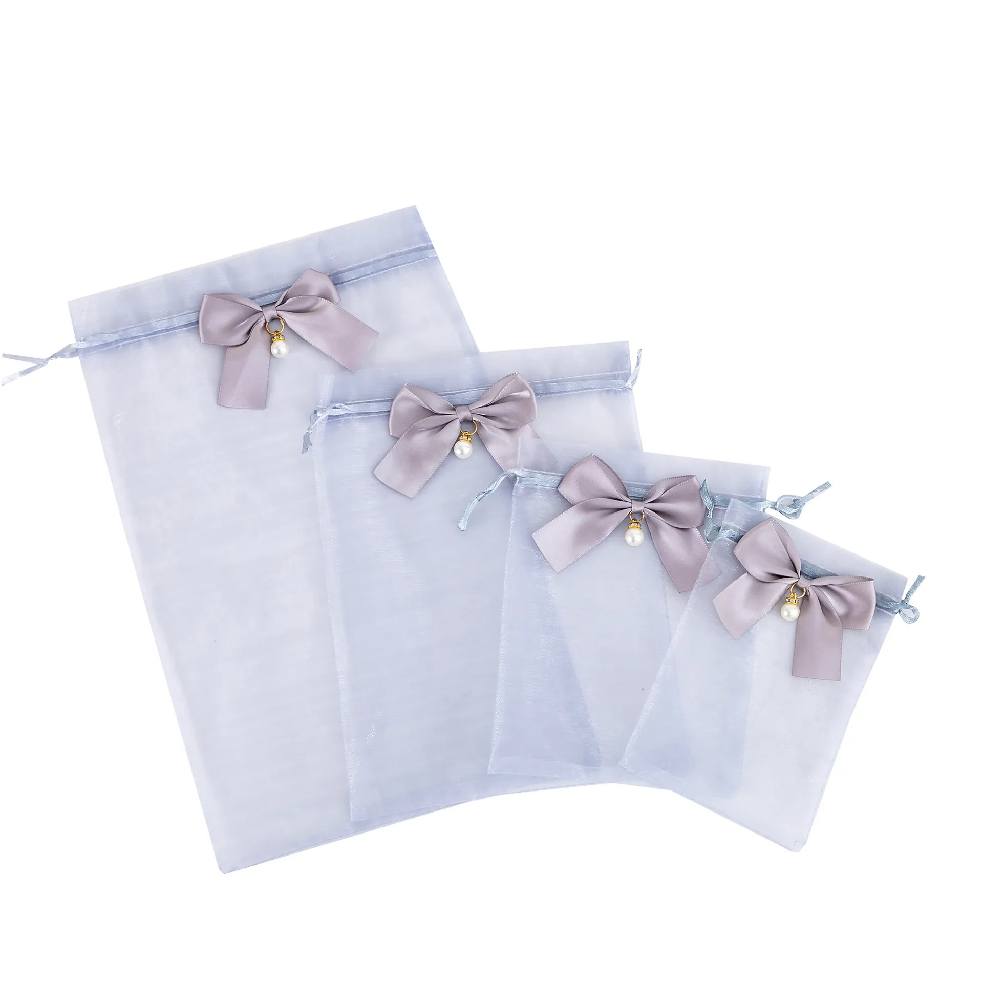 Organza Gift Bags Gray Mesh Drawstring Pouches With Bow And Faux Artificial Pearl Ornament For Wedding Party Jewelry Packaging