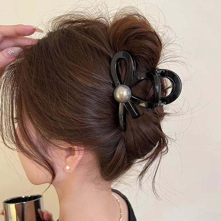 Elegant Butterfly Bow Hair Claw Cross Shark Clip With Faux Artificial Pearl Acrylic Resin Non Slip Hair Accessory For Women