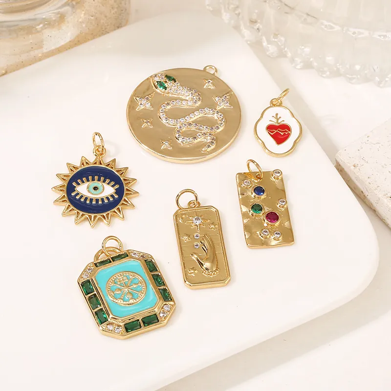 Pendants Charms 14K Gold Plated Copper Cubic Zirconia Enamel Evil Eye Snake Sacred Heart Sun For Jewelry Making Women