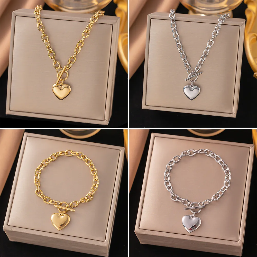Heart Pendant Necklace Stainless Steel Chunky Chain OT Toggle Clasp Chic Minimalist Jewelry For Women