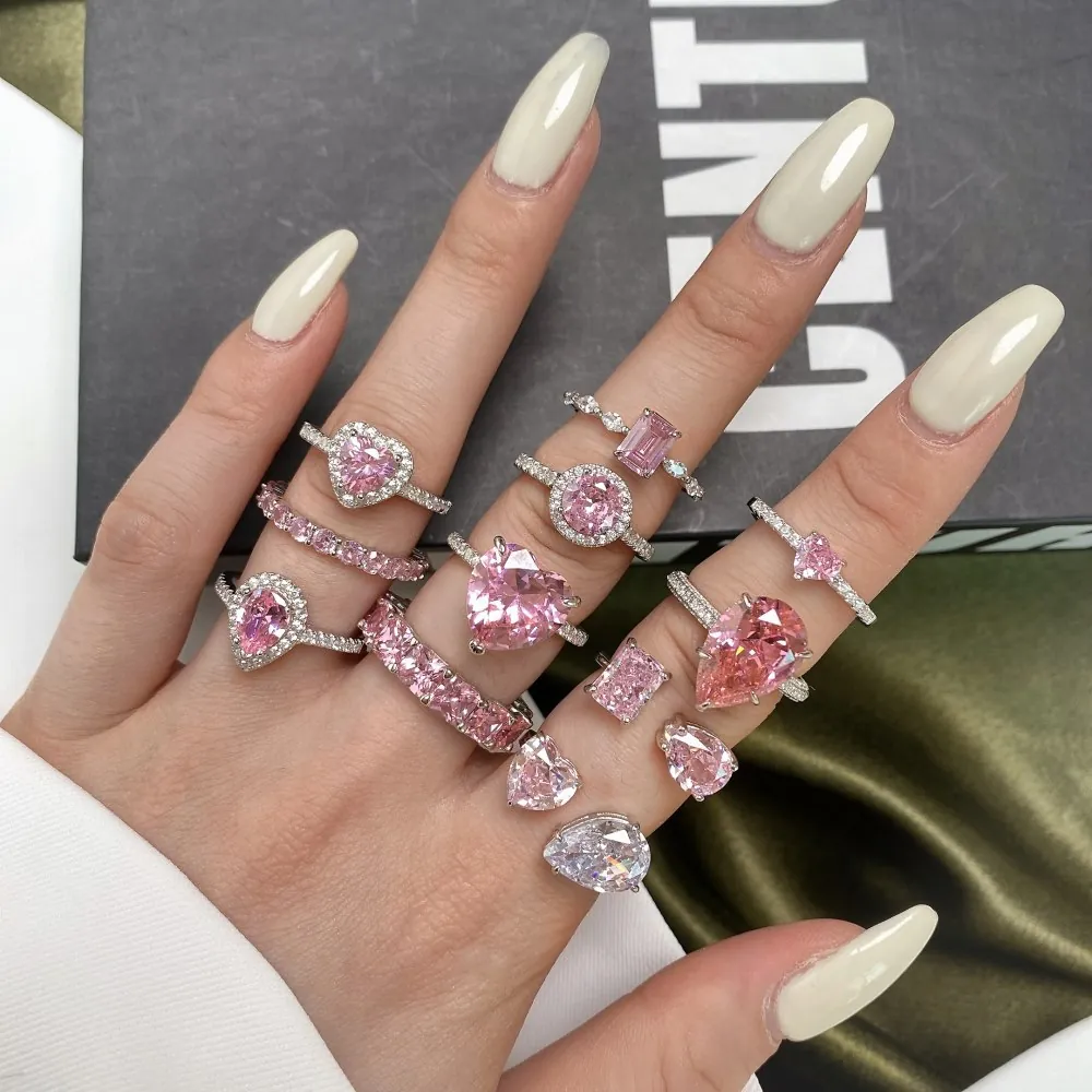 Pink Zircon Rings For Women 925 Sterling Silver Heart Pear Emerald Cut Luxury Sparkling Adjustable Fashion Jewelry Gift