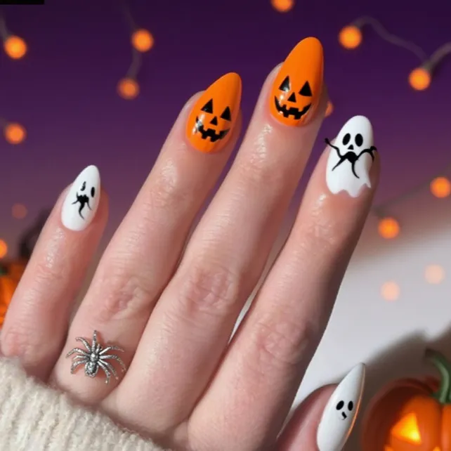 Halloween Almond Press On Nails Orange Pumpkin White Ghost Glossy Artificial Nails Festive Holiday Manicure