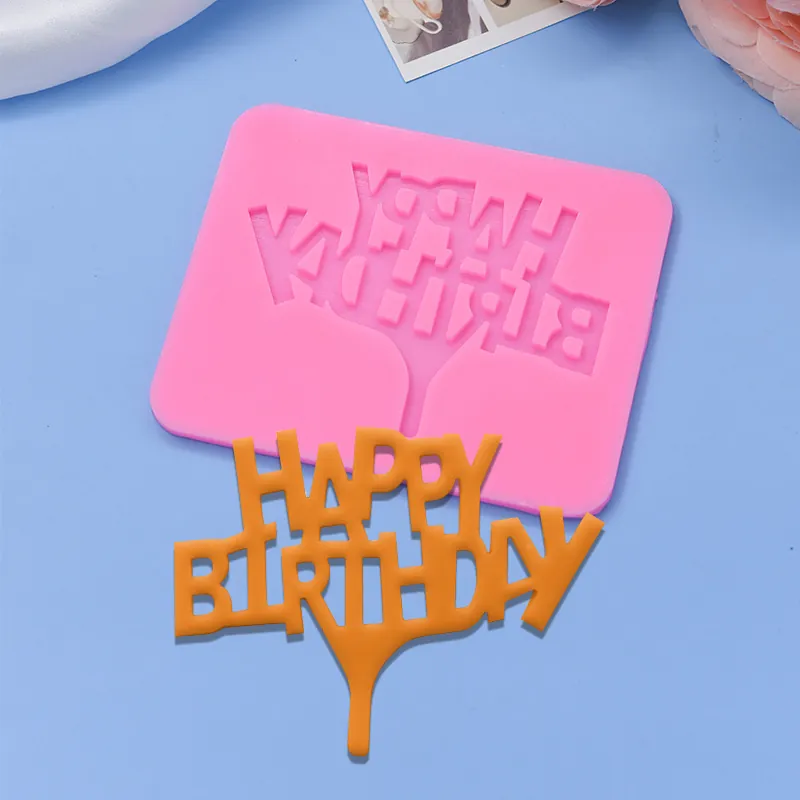 Happy Birthday Letter Silicone Mold Cake Decoration Fondant Baking Tool Pink Rectangular DIY Pastry Crafting Accessory