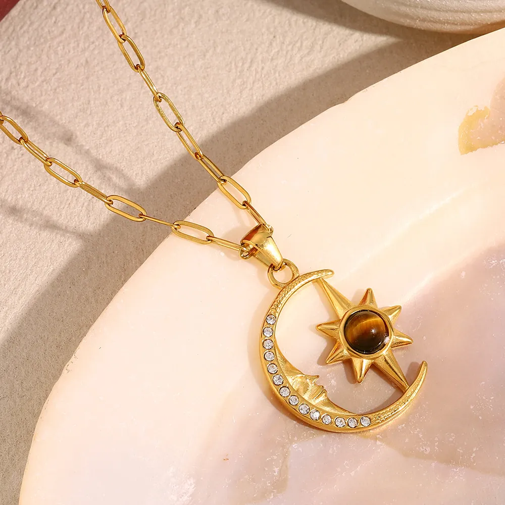 Star Moon Pendant Necklace 18K Gold Plated Stainless Steel Tiger Eye Stone Zircon Paperclip Chain Celestial For Women