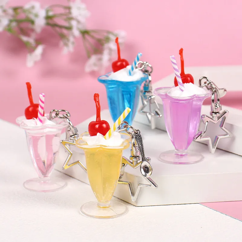 Simulation Beverage Cup Keychain Resin Plastic Mini Ice Cream Sundae Dessert Milkshake Bag Charm With Star Clasp Cute Sweet Gift