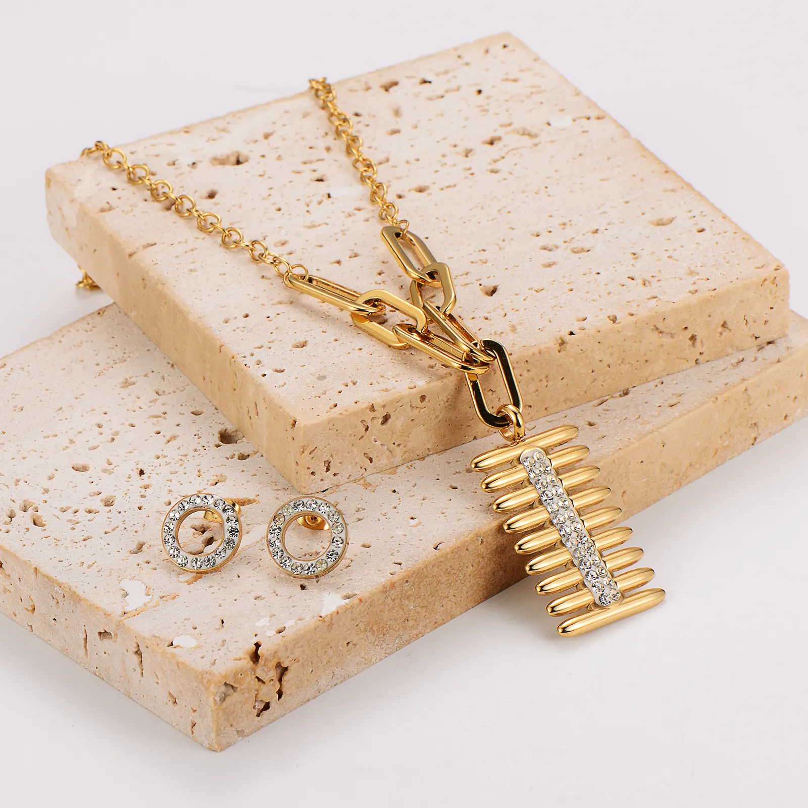 304 Stainless Steel Necklace And Stud Earrings 18K Gold Plated Rhinestone Enamel Rectangular Geometric Pendant For Women