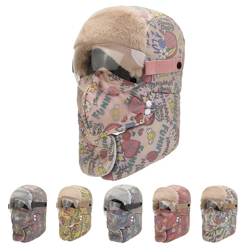 Winter Trapper Mütze Mit Schutzbrille Und Maske Cartoon Graffiti Druck Acryl Polyester Kunstfell Futter Winddicht Warm