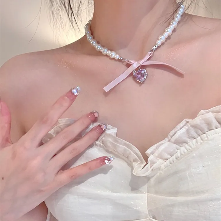 Sweet Heart Pendant Artificial Pearl Necklace With Ribbon Bow Alloy Clavicle Chain For Women Romantic Coquette Jewelry