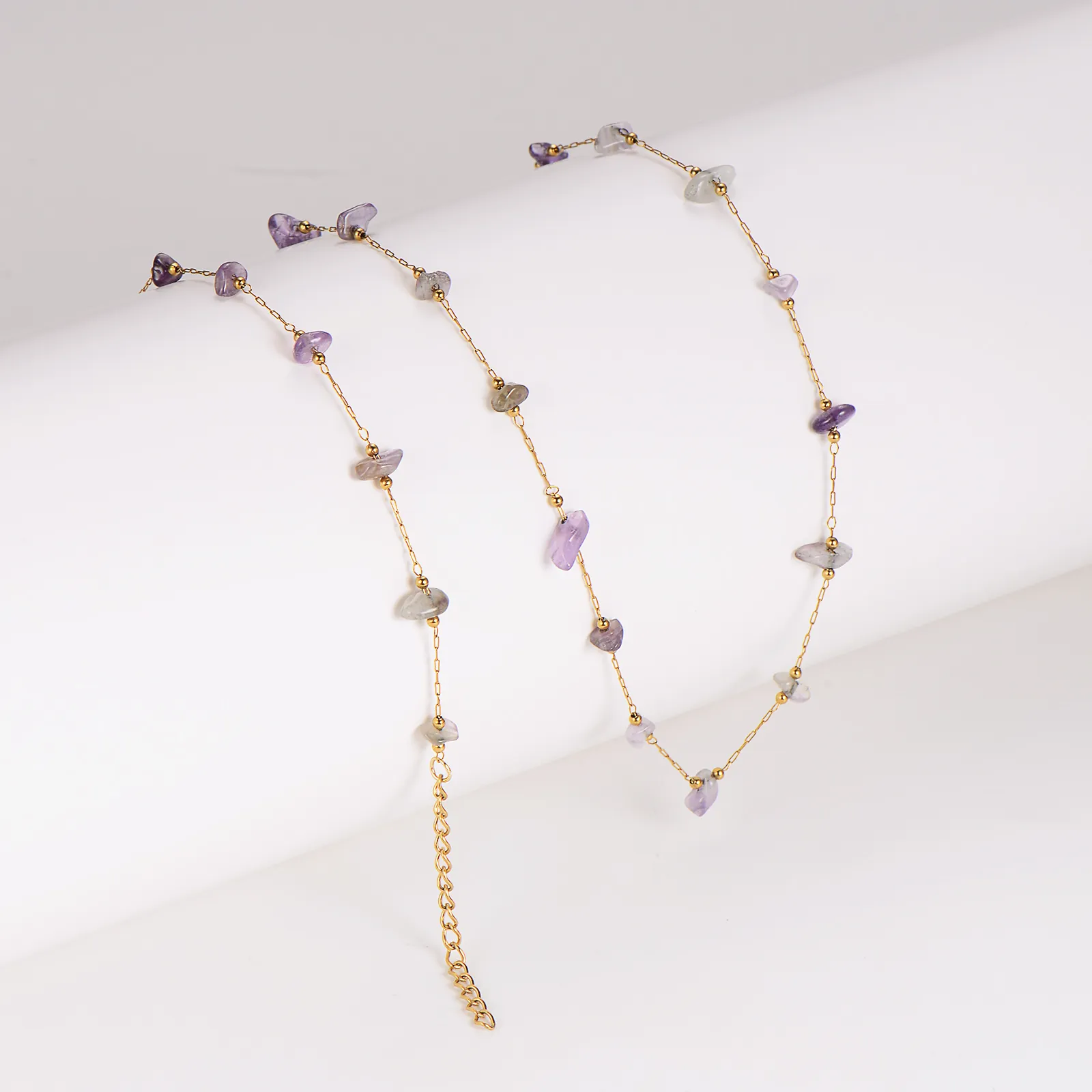 Minimalist Stainless Steel Necklace And Bracelet Jewelry With Irregular Purple Grey Crystal Stones Trendy For Women
