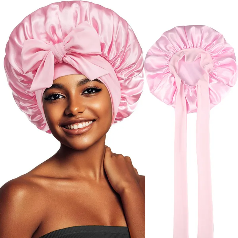 Satin Sleep Bonnet With Large Bow And Adjustable Tie Band Silky Hair Care Nightcap For Women Elastic Round Head Wrap