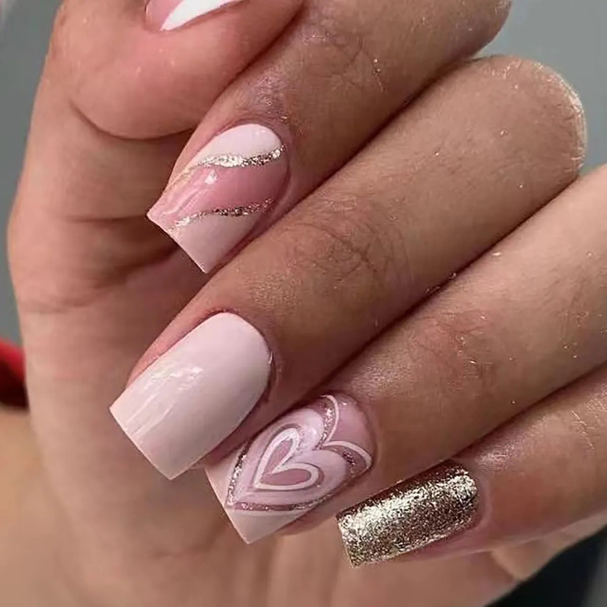 Pink Heart Press On Nails Sweet Glitter Square False Nails Elegant Manicure For Women