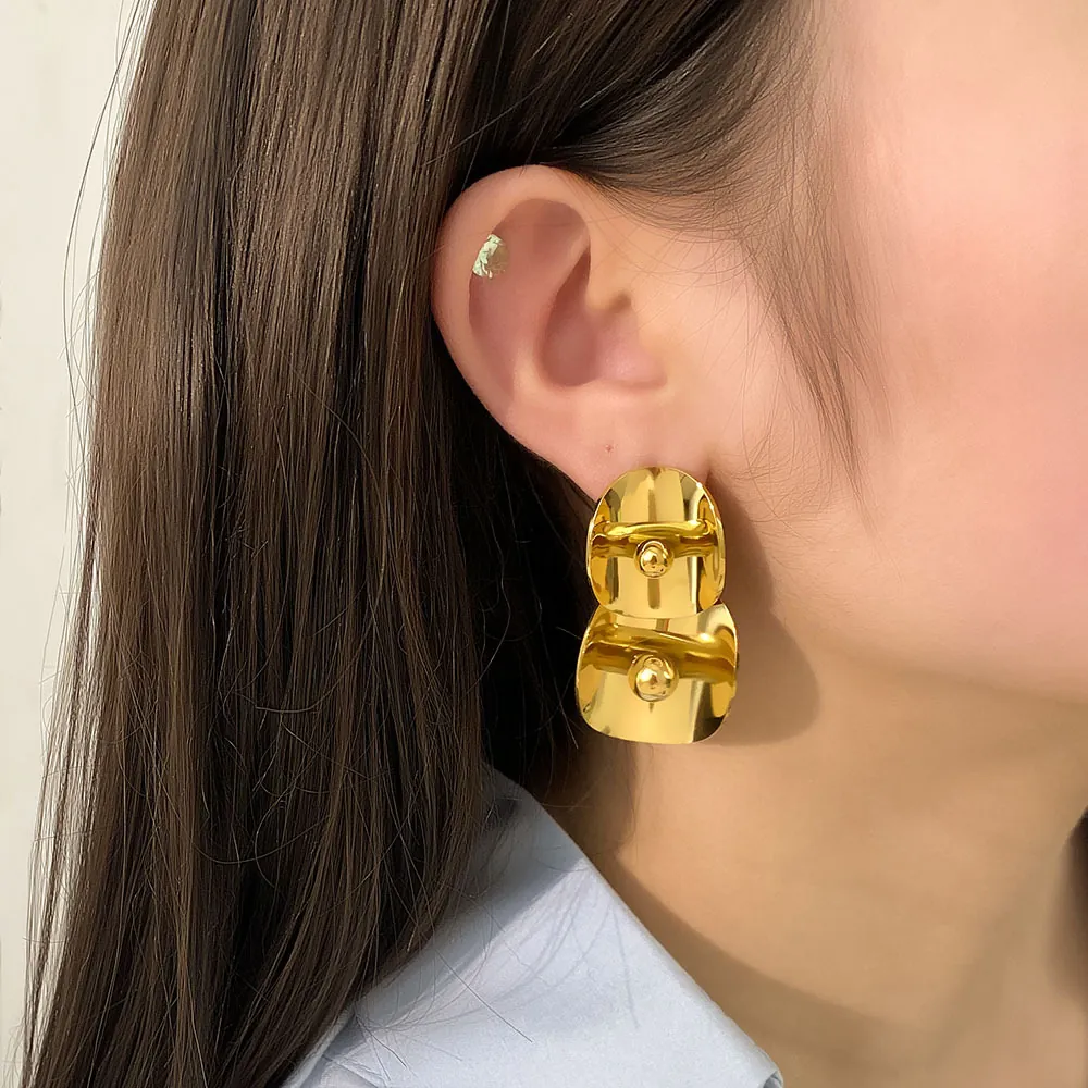 Boucles D'oreilles En Acier Inoxydable Plaqué Or 18K Géométrique Double Couche Pendentif Ovale Courbé Poli Pour Femmes