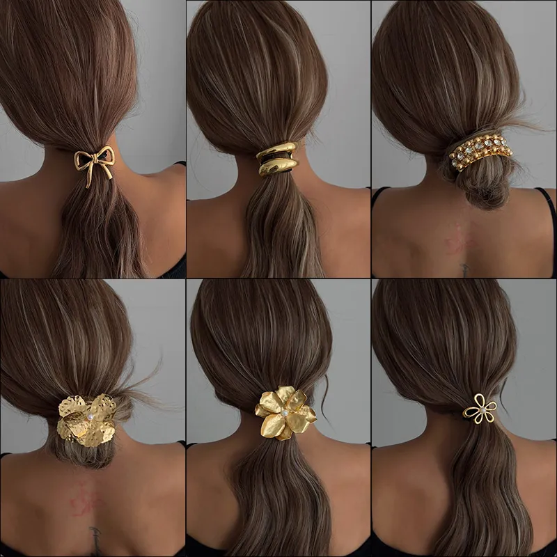Alloy Flower Bow Hair Ties With Faux Artificial Pearl Ponytail Holder High Elastic Band Elegant Hair Accessories For Women