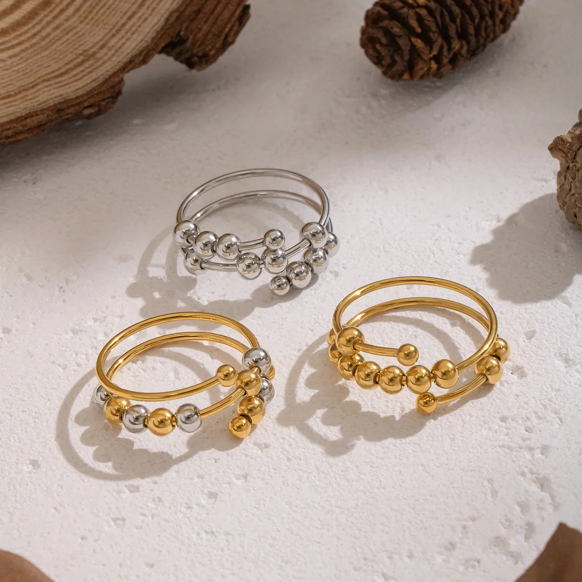 Anello Ansia Acciaio Inossidabile Perle Mobili Fidget Spinner Regolabile Doppia Spirale Impermeabile Gioielli Da Donna