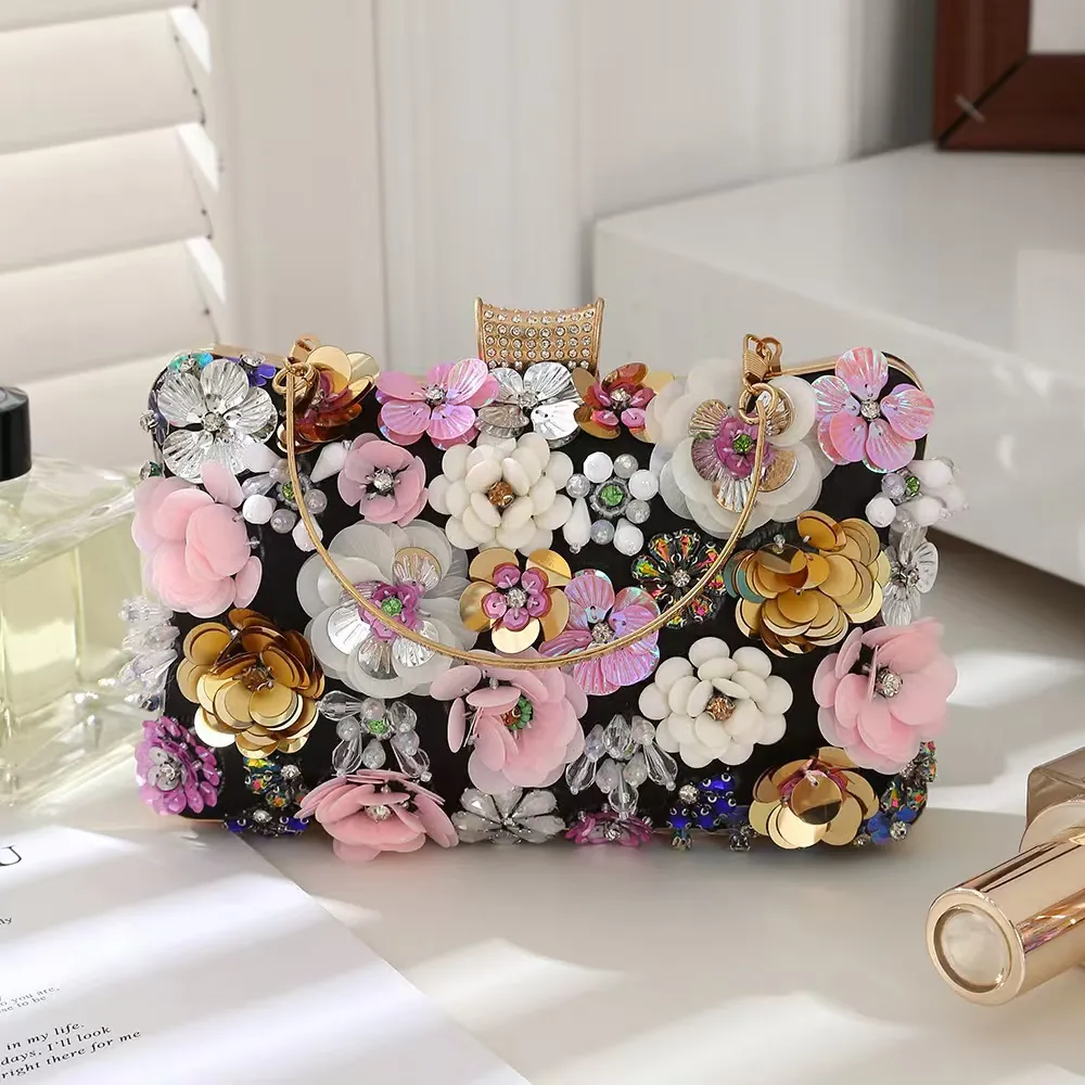 Floral Evening Bag 3D Flower Sequin Rhinestone Clutch Luxury Wedding Party Handbag With Metal Chain For Women