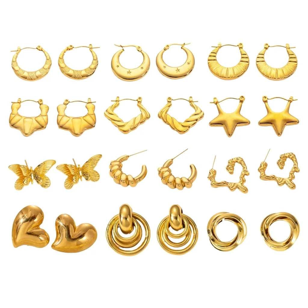 Vintage Stainless Steel Earrings For Women Gold Plated Geometric Heart Butterfly Flower Textured Stud Hoop Jewelry