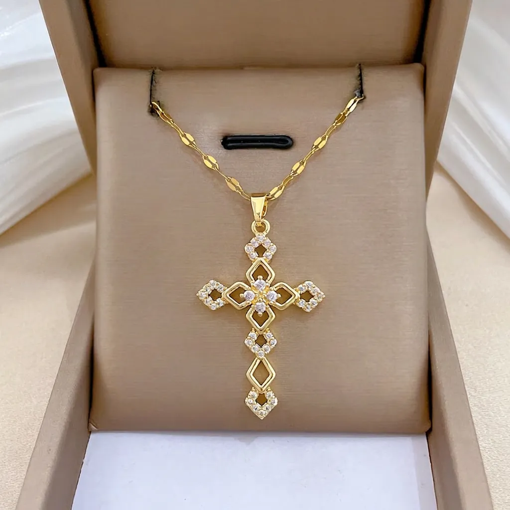Elegant Cross Pendant Necklace Stainless Steel Chain Copper Zircon Inlaid Sparkling Jewelry For Women Gift