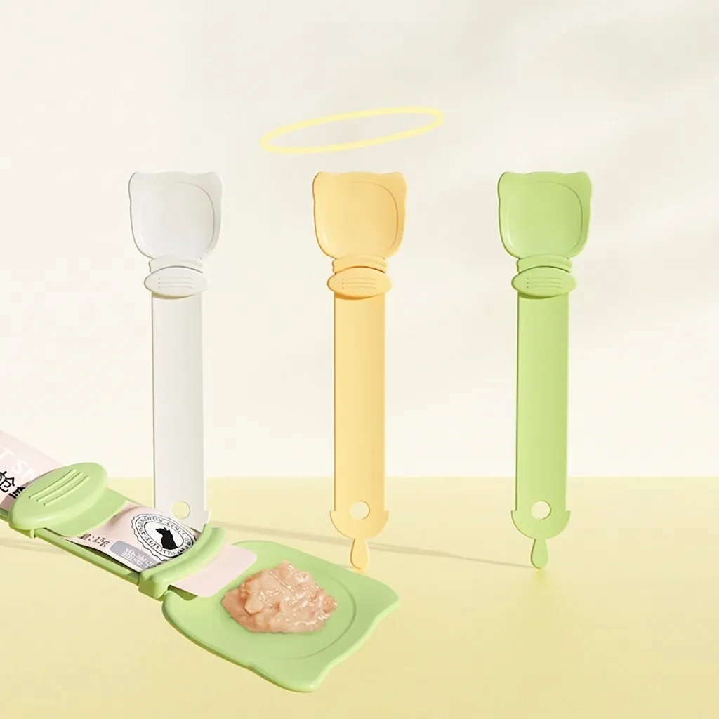 Cat Treat Dispenser Spoon Squeezer HIPS Plastic Long Handle Feeding Tool Cartoon Cat Shape For Kittens Snacks Meat Puree