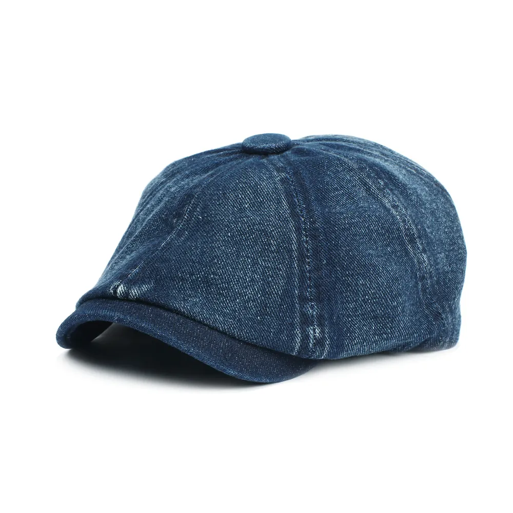 Retro Washed Denim Newsboy Cap Cotton Eight Panel Octagonal Cabbie Hat Vintage British Style For Men Women Casual
