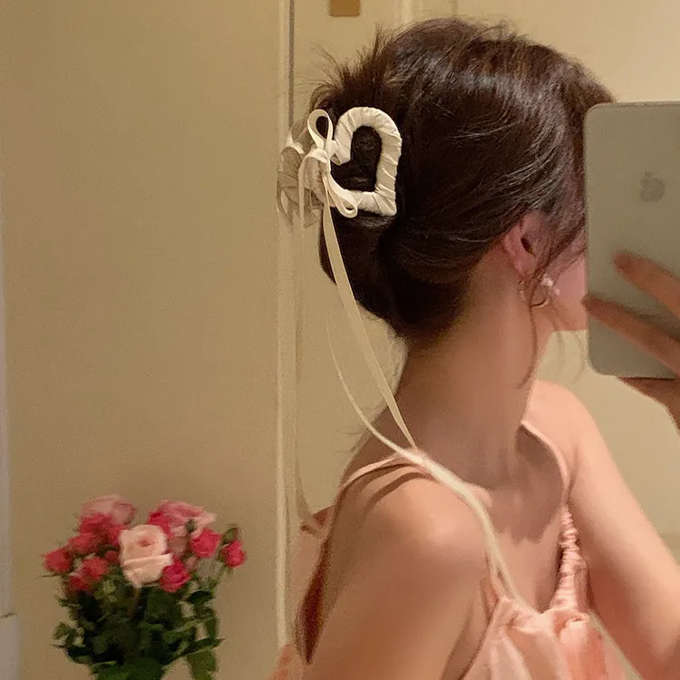 Molletta Per Capelli A Forma Di Cuore Nastro Di Raso Nastri Lunghi Elegante Dolce Pinza Per Coda Di Cavallo Accessori Per Capelli Donna Ragazze