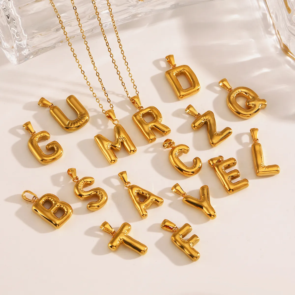 Puffy Initial Letter Pendant Stainless Steel Vacuum Gold Plated Bubble Balloon Design Alphabet Charm For Women