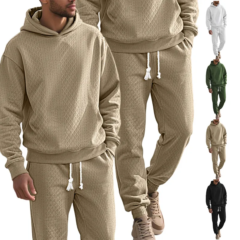 Men's Jacquard Knitted Tracksuit Set Hooded Sweatshirt And Jogger Pants Casual Sporty Top And Bottom For Spring Autumn
