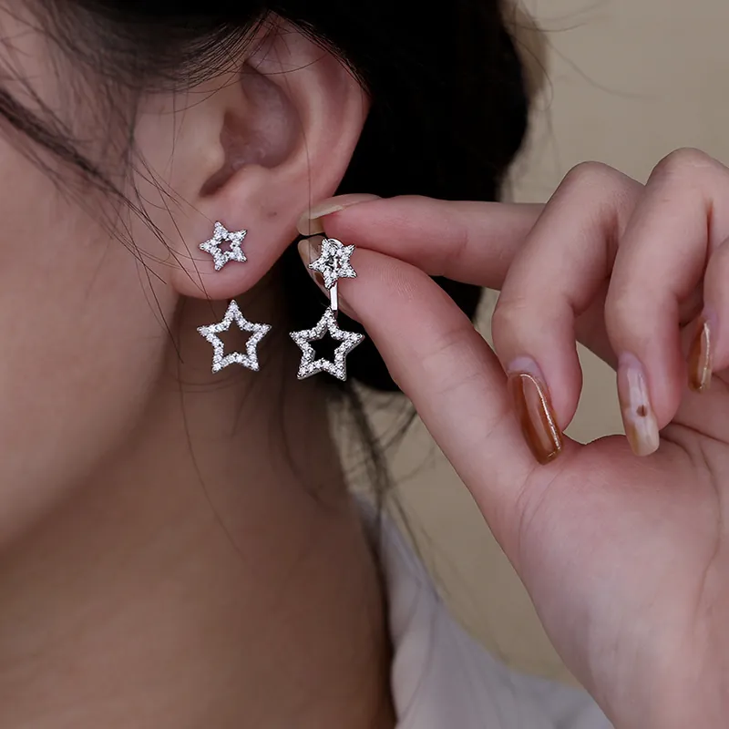 Elegant Copper Zirconia Double Star Stud Earrings With 925 Sterling Silver Earring Post For Women Fashion Jewelry