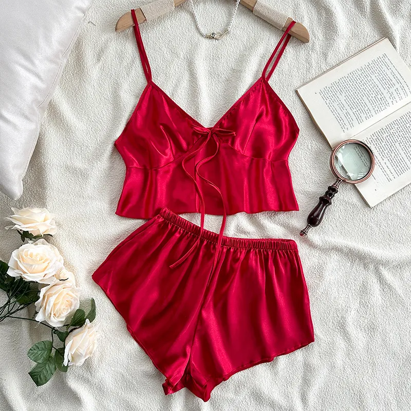 Women Satin Pajamas Camisole Top And Shorts Imitation Satin Sleepwear V Neck Bow Knot Lingerie Home Wear Soft Breathable