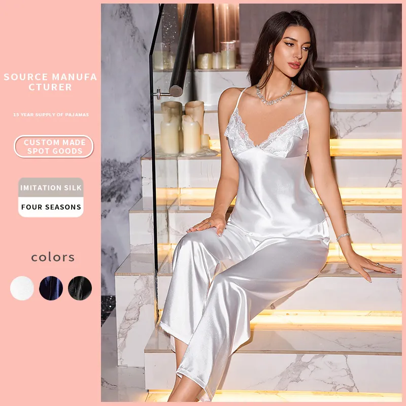 Women Satin Pajama Set Lace V Neck Camisole Top And Bottom Long Pants Loungewear Polyester Sleepwear For Home Casual